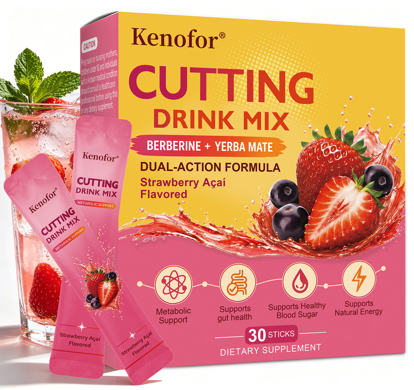 Kenofor Metabolism Support Drink Mix | Berberine & Yerba Mate Daily Wellness Formula with Strawberry Açaí Flavor