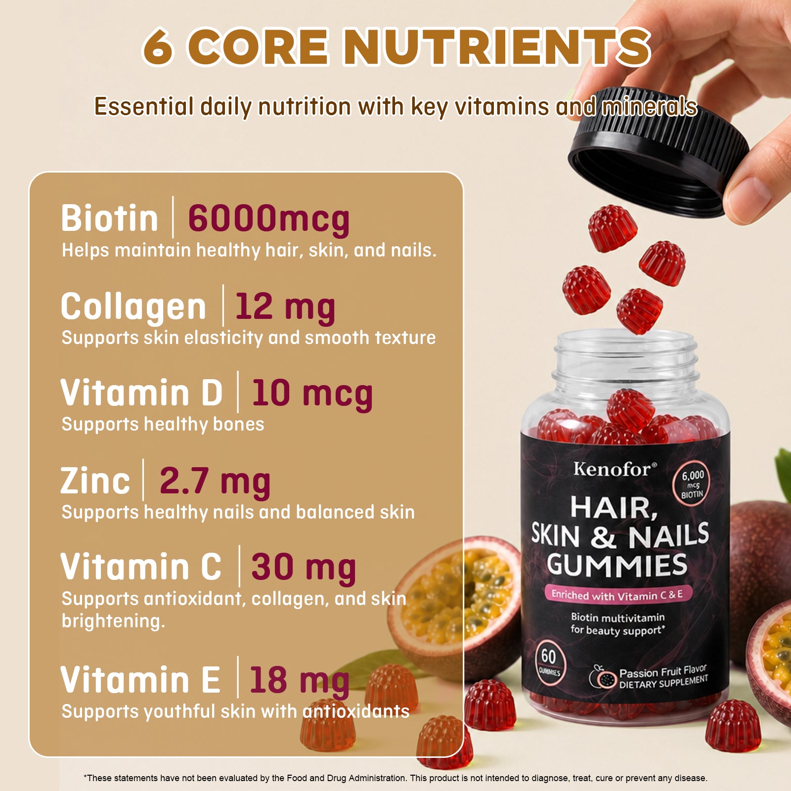 Kenofor Biotin Hair Skin & Nails Gummies | 6,000 mcg Biotin + Vitamins C & E