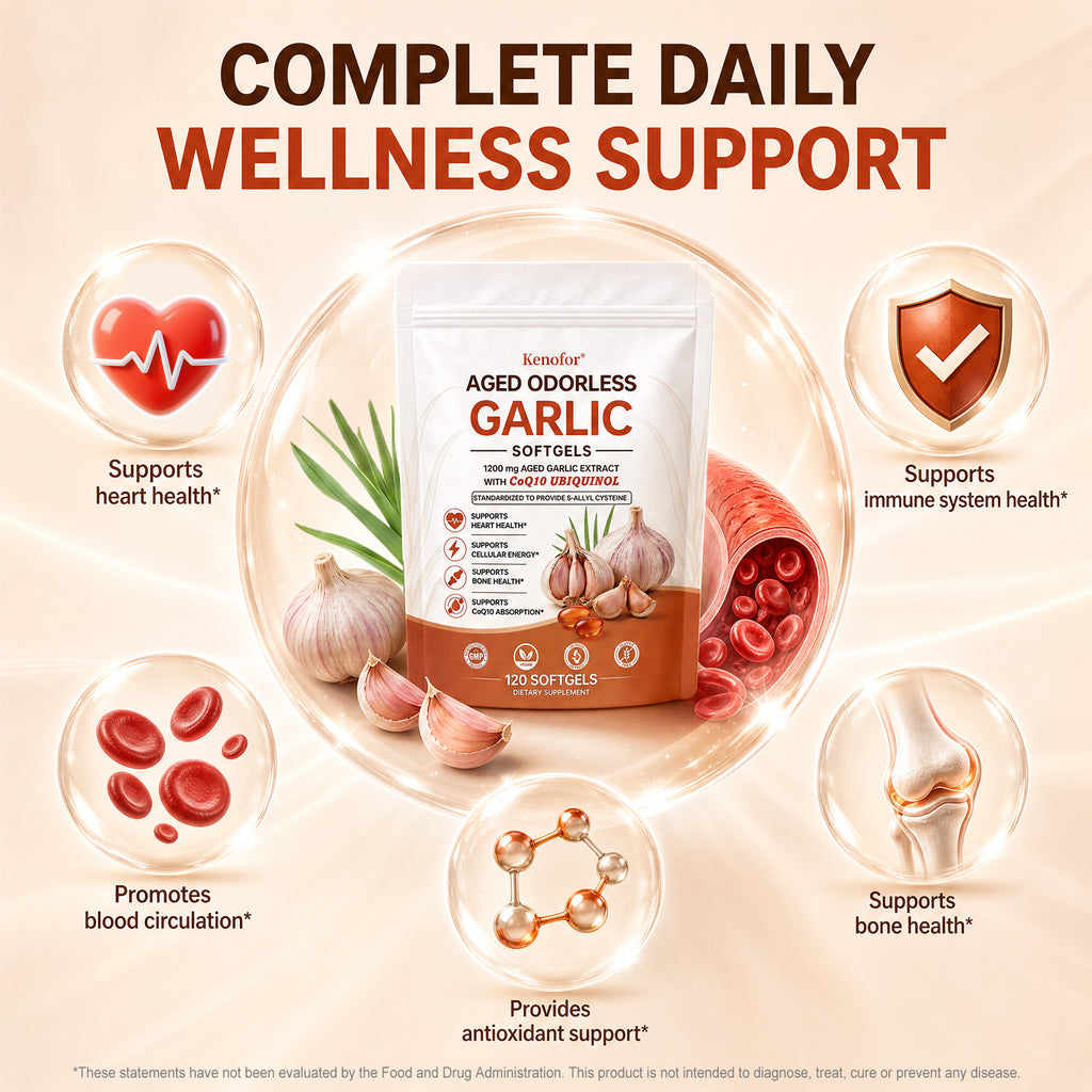 Kenofor® Premium Aged Odorless Garlic (1200mg) with CoQ10 Ubiquinol – Advanced Cardiovascular & Heart Health Support Supplement (120 Softgels)