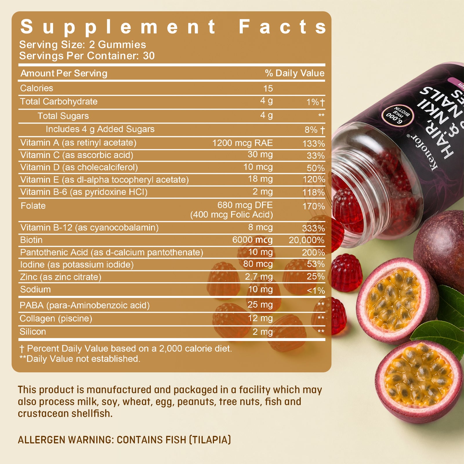 Kenofor Biotin Hair Skin & Nails Gummies | 6,000 mcg Biotin + Vitamins C & E