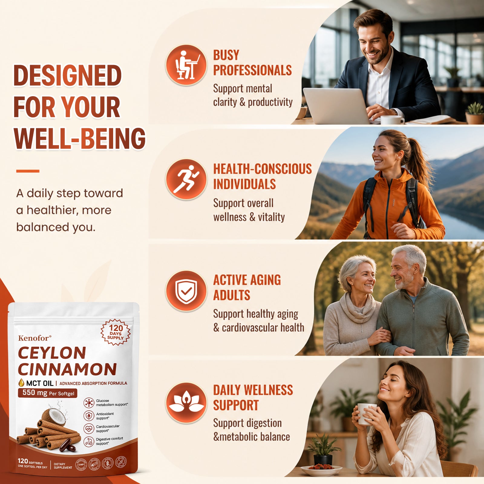 Kenofor® Organic Ceylon Cinnamon 550mg with MCT Oil – High Absorption Softgels for Healthy Blood Sugar, Glucose Metabolism & Heart Support (120 Softgels)