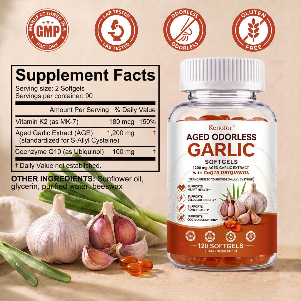 Kenofor® Aged Odorless Garlic 1200mg with CoQ10 Ubiquinol – Advanced Heart Health & Cellular Energy Supplement (180 Softgels)