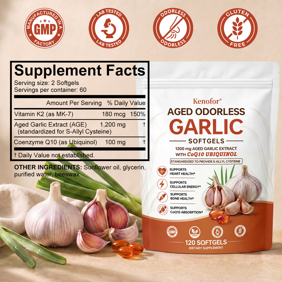 Kenofor® Premium Aged Odorless Garlic (1200mg) with CoQ10 Ubiquinol – Advanced Cardiovascular & Heart Health Support Supplement (120 Softgels)