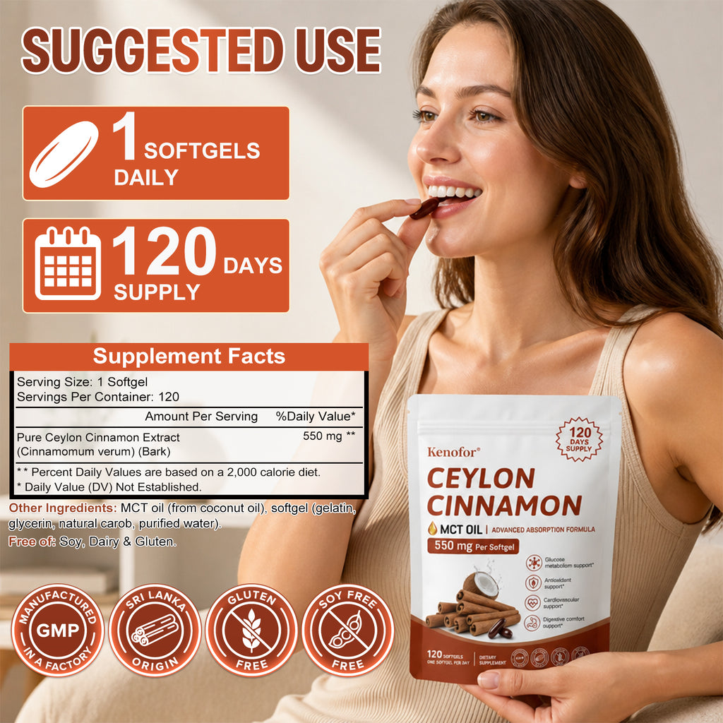 Kenofor® Organic Ceylon Cinnamon 550mg with MCT Oil – High Absorption Softgels for Healthy Blood Sugar, Glucose Metabolism & Heart Support (120 Softgels)