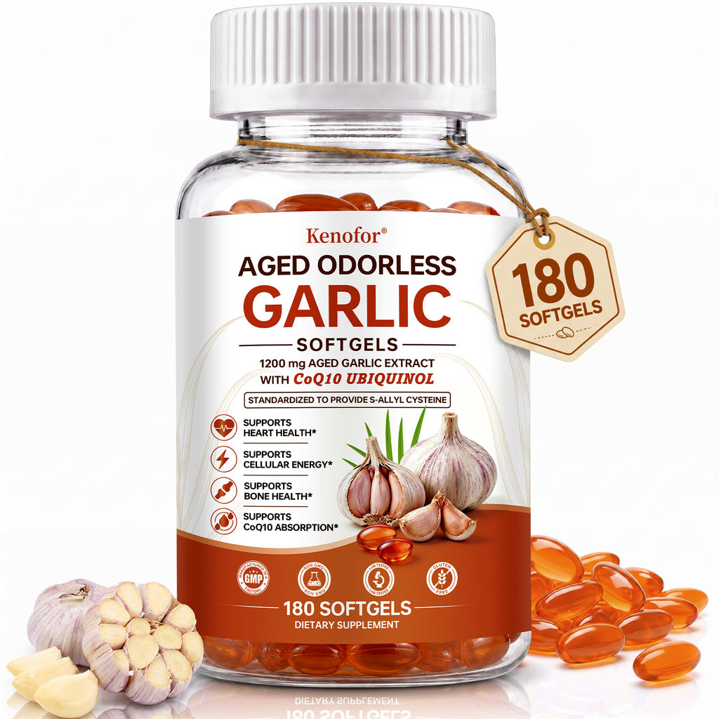 Kenofor® Aged Odorless Garlic 1200mg with CoQ10 Ubiquinol – Advanced Heart Health & Cellular Energy Supplement (180 Softgels)