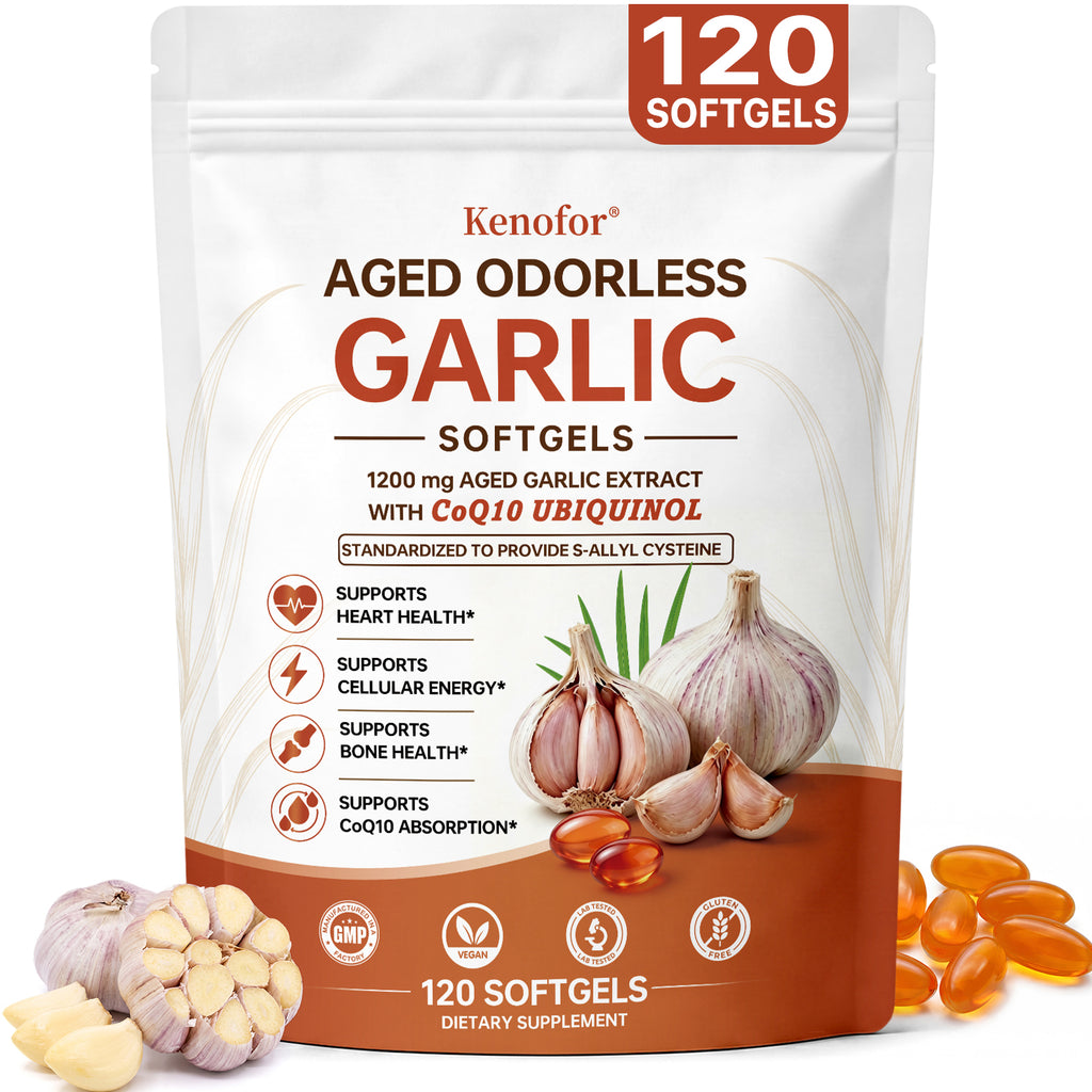 Kenofor® Premium Aged Odorless Garlic (1200mg) with CoQ10 Ubiquinol – Advanced Cardiovascular & Heart Health Support Supplement (120 Softgels)